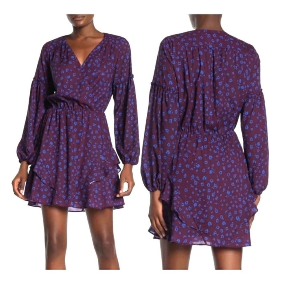 Parker Plum w/ Blue Floral Faux Wrap Dress Ruffle Hem Long Sleeve V-Neck Large